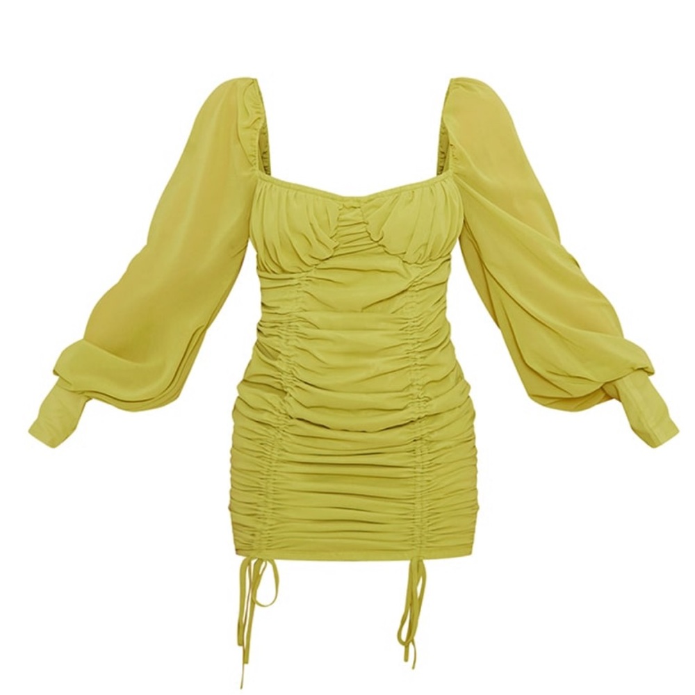 Olive chiffon long sleeve ruched skirt bodycon dress